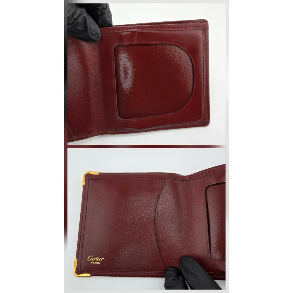 Cartier Must de Cartier Bifold Wallet Burgundy Leather Gold Corners Logo ID Slot